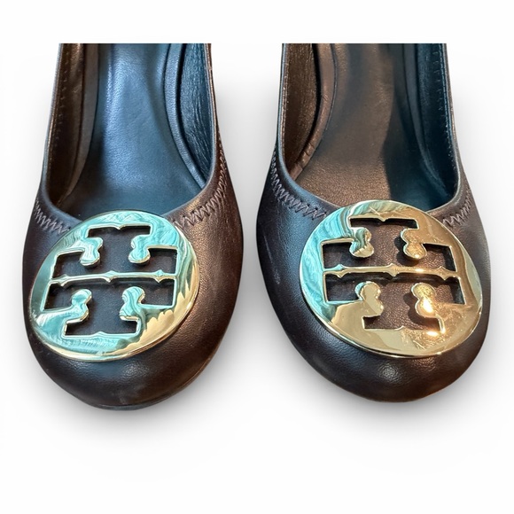 Tory Burch Sally Dark Brown Leather Wedge Heels Size 8.5 - Picture 3 of 7